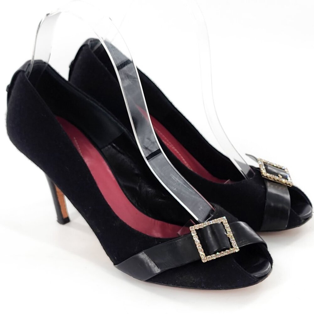 KATE SPADE Black Rhinestone Buckle Peep Toe Pumps